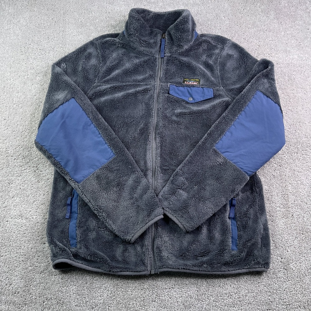 LL Bean Jacket Womens Large Gray Hi Pile Fleece Teddie Full Zip Elbow Patch Gorp